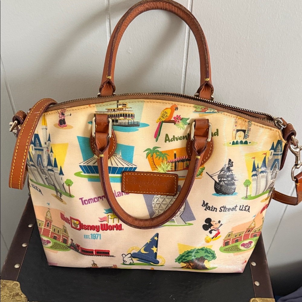 Dooney & Bourke Cream Satchel with Brown Leather Trim and Multicolor Park Print